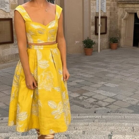 Mandi Line Jacquard Dress Lace Up Top Midi Skirt Set Embellished Yellow XS/S - Picture 1 of 15